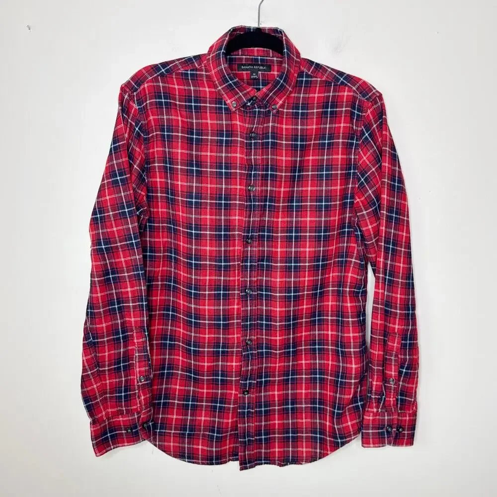 Banana Republic Men's Red Blue Plaid Button Down Cotton Shirt Medium Lined‎